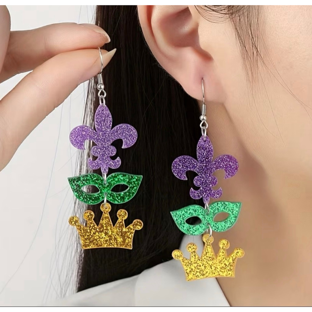 Glitter Mardi Gras Dangle Earrings – Fleur de Lis, Mask & Crown Trio